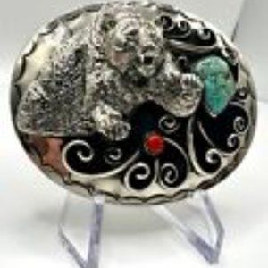 Vintage Handcrafted Navajo Belt Buckle Buffalo Nickle Turquoise Bear Men Women